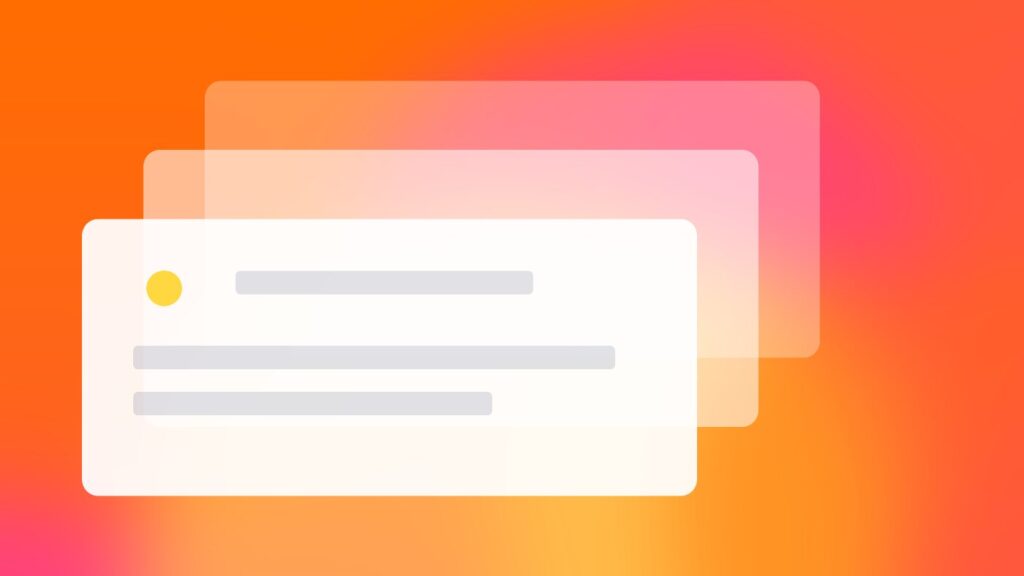 Layered document cards with a highlighted headline on an orange and pink gradient