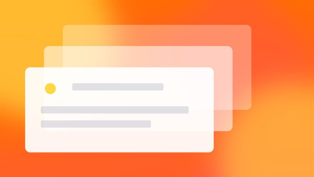 Stacked message cards with a progress line on an orange and pink gradient