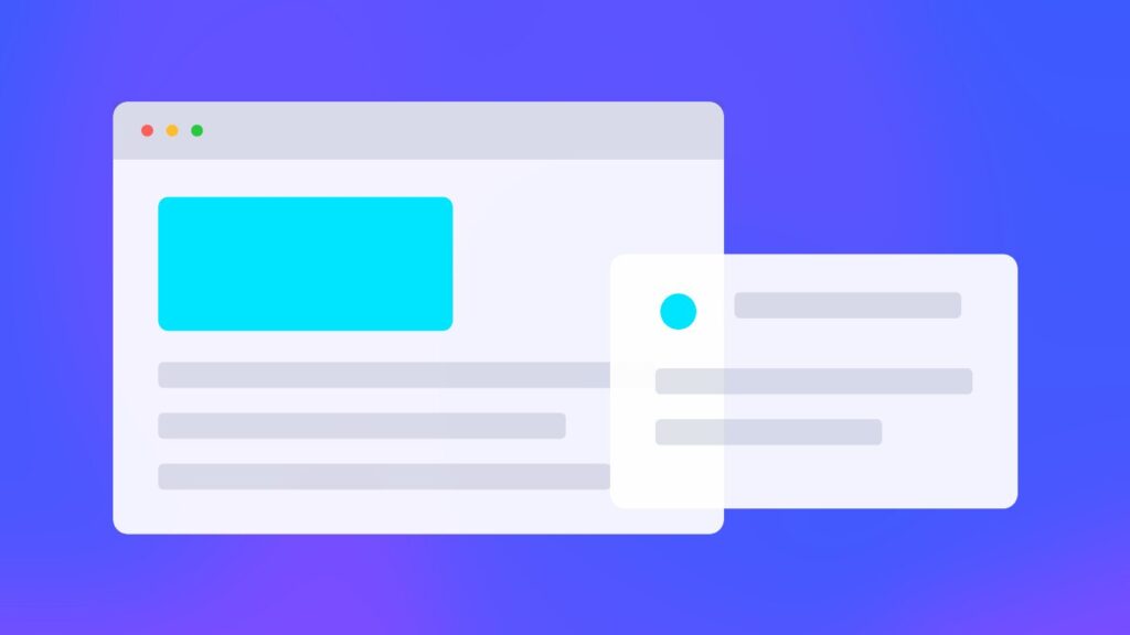 A white page layout with cards and an accent button on a blue gradient