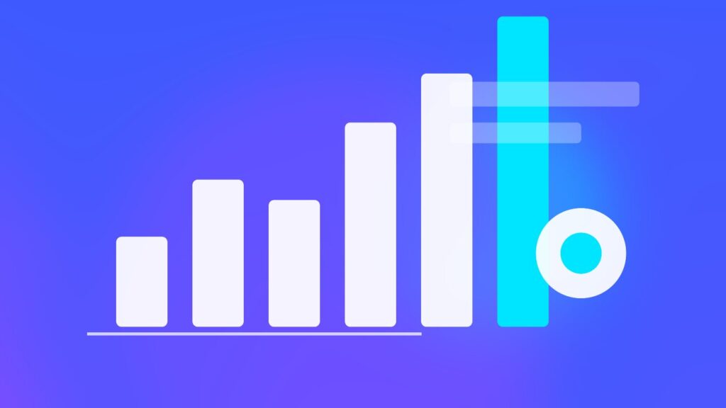 A browser window beside analytics cards on a blue gradient