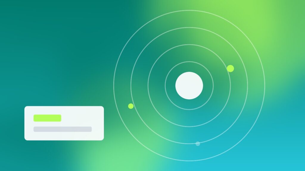 A search-style interface with a highlighted answer card on a teal gradient